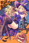  1girl blonde_hair blue_eyes breasts dress earrings esper_(saga_2) full_body gloves halloween halloween_costume happy_halloween hat highres jack-o&#039;-lantern jewelry long_hair looking_at_viewer pointy_ears pumpkin saga saga_2 smile solo thighhighs witch_hat 