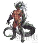 1boy abs bara beard black_hair blue_hair body_modification bulge claws crotch_plate dark-skinned_male dark_blue_hair dark_skin demon_tail dragon_boy dragon_horn dragon_tail facial_hair full_beard full_body highres horns jin_(sirius-j) large_pectorals long_hair looking_at_viewer male_focus mask mature_male monster_boy muscular muscular_male mustache_stubble navel navel_hair nipples original pectorals short_hair solo spiked_tail stomach tachi-e tail thick_eyebrows thick_tail thick_thighs thighs topless_male underbust 