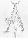 2024 anthro breasts clothed clothing cybernetic_leg cybernetic_limb cybernetics deer ecmajor female fingers fur gun hi_res humanoid_hands machine mammal navel ranged_weapon rifle scar skimpy small_breasts smile solo standing weapon
