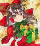  1girl alto2019 bow box brown_eyes brown_hair christmas christmas_present fake_antlers frilled_hair_tubes frills fur_trim gift gift_box gloves hair_bow hair_tubes hakurei_reimu highres marker_(medium) red_bow red_gloves sample_watermark santa_costume solo touhou traditional_media watermark 