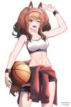  1girl absurdres angelina_(arknights) animal_ears arknights arm_up ball basketball_(object) black_shorts breasts brown_hair clothes_around_waist collarbone cowboy_shot dated fox_ears fox_girl fox_tail highres holding holding_ball jacket jacket_around_waist long_hair looking_at_viewer medium_breasts navel one_eye_closed open_mouth red_eyes red_jacket short_shorts shorts simple_background smile solo sports_bra standing starelium stomach sweatband tail twintails twitter_username v white_background white_sports_bra 