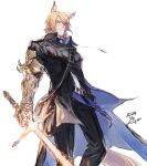  1boy animal_ear_fluff animal_ears arknights black_coat black_pants blonde_hair blue_coat blue_shirt coat collared_shirt cowboy_shot dated frown gauntlets holding holding_sword holding_weapon horse_boy horse_ears horse_tail looking_at_viewer male_focus mlynar_(arknights) necktie oisyox72 pants shirt short_hair signature simple_background single_gauntlet solo sword tail two-sided_coat two-sided_fabric weapon white_background white_necktie 