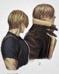  1boy blonde_hair brown_jacket closed_mouth cropped_torso ericson_blum facing_away fur-trimmed_jacket fur_trim hair_over_eyes harness highres jacket leon_s._kennedy long_sleeves male_focus multiple_views muscular muscular_male resident_evil resident_evil_4 resident_evil_4_(remake) shirt short_hair short_sleeves signature solo t-shirt upper_body wavy_hair white_fur 