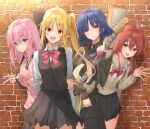  4girls band bangs black_shirt blonde_hair blue_eyes blue_hair bocchi_the_rock! bow brown_eyes collared_shirt drumsticks gotou_hitori grey_skirt hair_between_eyes hair_over_eyes highres holding holding_drumsticks holding_instrument ijichi_nijika instrument instrument_case jacket jersey kanaria_hisagi kita_ikuyo long_hair multiple_girls pants pink_hair pink_jacket pleated_skirt red_bow red_hair school_uniform shirt side_ponytail sidelocks skirt track_jacket white_shirt yamada_ryou 