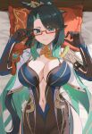  1girl absurdres aqua_eyes aqua_hair bed blue_hair breasts capelet cleavage cloud_retainer_(genshin_impact) commentary cowboy_shot genshin_impact glasses hands_up highres large_breasts looking_at_viewer lying navel nvl on_back pillow plunging_neckline red-framed_eyewear smile solo white_capelet xianyun_(genshin_impact) 