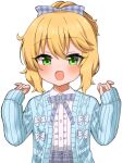  1girl :o blonde_hair blue_cardigan blush bow bowtie buttons cardigan checkered_bow checkered_bowtie checkered_clothes checkered_skirt dot_nose flat_chest frilled_shirt frills green_eyes hair_between_eyes hair_bow hands_up idolmaster idolmaster_cinderella_girls long_sleeves looking_at_viewer medium_hair open_cardigan open_clothes ponytail purple_bow purple_bowtie purple_skirt sakurai_momoka shirt sidelocks sinjin_46 skirt solo upper_body wavy_hair white_background white_bow white_shirt 