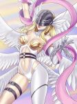  1girl absurdres angel angel_wings angewomon arm_up armpits asymmetrical_clothes bare_shoulders belt black_belt blonde_hair bodysuit breasts cleavage clothing_cutout covered_collarbone covered_eyes cowboy_shot digimon digimon_(creature) elbow_gloves english_commentary feathered_wings gloves groin hagoromo helmet highres long_hair medium_breasts multiple_wings navel navel_cutout o-ring_belt shawl smile solo standing thigh_strap titiartwork white_bodysuit winged_helmet wings wrist_wings 
