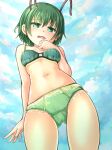  1girl adworse alternate_costume antennae bangs bikini blue_sky blush breasts cloud commentary_request cowboy_shot frilled_bikini frills from_below green_bikini green_eyes green_hair hair_between_eyes looking_at_viewer looking_down midriff navel open_mouth short_hair sky small_breasts solo swimsuit touhou wriggle_nightbug 