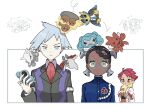  1girl 2boys aggron alolan_dugtrio amarys_(pokemon) armlet black_hair blaziken blue_jacket buttons character_doll closed_mouth commentary_request crispin_(pokemon) dark-skinned_female dark_skin doll empoleon eneko_(olavcnkrpucl16a) glasses green_eyes highres holding holding_doll jacket long_sleeves metagross multiple_boys multiple_views partially_colored pokemon pokemon_rse pokemon_sv red_hair scizor semi-rimless_eyewear shirt short_hair skarmory steven_stone white_background white_jacket 