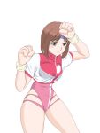 1980s_(style) 1girl blue_headband breasts brown_eyes brown_hair closed_mouth commentary_request gc5_mech_hk headband highres leotard looking_at_viewer medium_breasts pink_leotard retro_artstyle shirt short_hair smile solo takaya_noriko thighs top_wo_nerae! white_background white_shirt wristband 