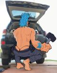  1boy ass ass_peek back bara franky_(one_piece) from_behind full_body hammer highres holding holding_hammer large_hands male_focus mechanic muscular muscular_male one_piece photo_background short_hair sinkurteeth solo sparse_arm_hair spiked_hair squatting sunglasses thong topless_male 