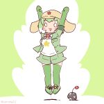  1girl arms_up bow bowtie coroha elbow_gloves full_body gloves green_background green_hair hat jacket jumping kemono_friends kemono_friends_3 keroro_(kemono_friends) keroro_gunsou looking_at_viewer multicolored_hair shirt shoes short_hair shorts simple_background solo star_(symbol) thighhighs two-tone_hair weapon white_hair 