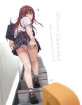  1girl 1other :o bag bare_legs blush brown_hair facing_another from_below hamedoragon highres idolmaster idolmaster_shiny_colors kneepits long_hair looking_back osaki_amana p-head_producer panties plaid plaid_skirt pleated_skirt producer_(idolmaster) school_bag school_uniform see-through_panties shirt shirt_tucked_in skirt skirt_rolled_up stairs straight_hair translated underwear very_long_hair white_panties white_shirt 