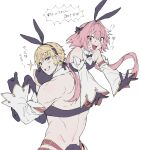  !? 2boys adapted_costume animal_ears aqua_eyes astolfo_(fate) astolfo_(saber)_(fate) bandeau black_bow black_bowtie black_gloves blonde_hair blush bow bowtie carrying carrying_over_shoulder carrying_person detached_sleeves fake_animal_ears fang fate/grand_order fate_(series) gloves hair_bow hair_intakes highres looking_at_viewer low_twintails male_focus multiple_boys not_anpn open_mouth pink_hair purple_eyes rabbit_ears rabbit_tail roland_(fate) short_hair short_hair_with_long_locks simple_background skin_fang smile surprised sweat tail thumbs_up translation_request twintails upper_body white_background 