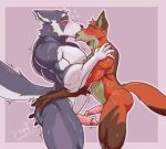 anthro bodily_fluids canid canine canis domestic_dog duo fox french_kissing fur genitals husky kemo_coliseum kissing lambert_(kemo_coliseum) male male/male mammal nordic_sled_dog penis pinumontbalou spitz sweat tail volga