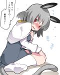  1girl animal_ears bangs blush breasts capelet commentary_request dress full_body grey_dress grey_hair hammer_(sunset_beach) highres long_sleeves looking_at_viewer medium_breasts mouse_ears mouse_girl mouse_tail nazrin no_shoes nose_blush open_mouth red_eyes shirt short_hair simple_background sitting socks solo tail touhou translation_request wariza white_background white_capelet white_shirt 
