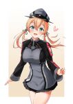  1girl :d blonde_hair breasts cowboy_shot green_eyes hat heart highres kantai_collection long_sleeves looking_at_viewer low_twintails military_uniform open_mouth pleated_skirt prinz_eugen_(kancolle) skirt smile solo twintails uniform user_fzvw5472 