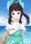  1girl absurdres airi_(blue_archive) alternate_costume black_hair blue_archive blush breasts cloud commentary_request green_eyes halo hat highres long_hair looking_at_viewer medium_hair ocean ponytail sky small_breasts solo soulcore1999 straw_hat 