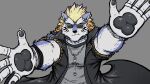  absurd_res anthro blue_body blue_fur bracelet canid canine canis clothing dark_topwear dyed-hair dynogreeno ear_piercing eyewear fenrir_(housamo) fur hair hi_res jewelry lifewonders male mammal piercing ring solo sunglasses tokyo_afterschool_summoners topwear video_games wolf 