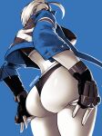  1girl ahoge artist_name ass ass_focus black_gloves black_panties blonde_hair blue_background blue_jacket breasts cammy_white commentary crop_top cropped_jacket from_below gloves highres jacket miss_faves panties simple_background standing street_fighter street_fighter_6 twitter_username underwear union_jack 