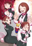  1girl :o absurdres all_might anger_vein angry ass blush bodysuit boku_no_hero_academia brown_eyes brown_hair closed_eyes embarrassed flustered highres koyap looking_at_viewer multiple_views no_pupils open_mouth short_hair sitting skin_tight solo uraraka_ochako 