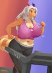  accessory anthro big_breasts bottomwear bouncing_breasts breasts cleavage clothed clothing dragon exercise female furgonomics hair hi_res horn horn_accessory horn_ribbon jogging midriff navel pants pwnagespartan ribbons scales scalie slightly_chubby solo thick_tail tight_clothing treadmill white_hair yellow_body yellow_scales yoga_pants 