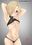  1girl armpits arms_behind_head arms_up bare_shoulders bikini black_bikini blonde_hair blush breasts brown_eyes character_name closed_mouth collarbone cowboy_shot dated dot_nose ear_piercing flat_chest grey_background hair_over_one_eye highres idolmaster idolmaster_cinderella_girls idolmaster_cinderella_girls_starlight_stage illust_audio looking_at_viewer navel piercing ribs shirasaka_koume short_hair shy signature simple_background skull solo standing swimsuit underboob wavy_mouth 