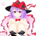  1girl alternate_costume arm_under_breasts black_headwear black_leotard bow breasts cleavage closed_mouth detached_collar frilled_shawl frills hat hat_bow heart highres huge_breasts leotard looking_at_viewer nagae_iku purple_hair red_bow red_eyes shawl short_hair shunki simple_background smile solo touhou white_background wrist_cuffs 