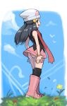  1girl ass beanie black_shirt black_socks blue_eyes blue_hair boots chiwino dawn_(pokemon) hat highres kneehighs long_hair miniskirt no_panties pink_footwear pink_skirt pokemon pokemon_dppt red_scarf scarf shirt sidelocks skirt sleeveless sleeveless_shirt socks 