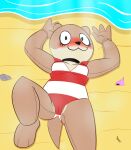 beach blush camel_toe clothing female hi_res indie_game looking_at_viewer mammal mustelid olive_otter one-piece_swimsuit otter sea seaside shipwrecked_64 solo swimwear video_games water weirdkoaladream
