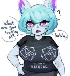 big_breasts breasts cinela clothed clothing d20 dice female fully_clothed green_hair hair hand_on_hip humanoid humanoid_pointy_ears inner_ear_fluff league_of_legends profanity riot_games shirt short_stack solo topwear tuft vex_(lol) yordle