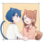  2girls animal_ears blue_eyes blue_hair blue_ribbon blush border brown_hair cardigan cat_ears cat_girl cat_tail closed_eyes closed_mouth collared_shirt commentary_request cropped_torso dog_ears dog_girl dog_tail hair_ribbon hanasato_minori holding_hands kemonomimi_mode kiritani_haruka long_hair long_sleeves looking_at_another multiple_girls neck_ribbon open_mouth outside_border pink_sweater project_sekai red_ribbon ribbon shirt short_hair single_sidelock sweater tail teeth translation_request upper_body upper_teeth_only white_border white_cardigan yarou_(0tyaro) 