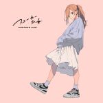  1girl absurdres grey_footwear haluchilu hands_in_pockets highres looking_at_viewer nike original product_placement red_hair shoes simple_background skirt sneakers solo white_skirt 