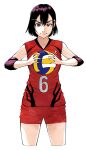  1girl ball black_hair cowboy_shot elbow_pads hair_between_eyes hair_ornament hairclip highres hiro_(chumo) holding holding_ball original red_eyes short_shorts shorts smile solo sportswear volleyball volleyball_uniform 