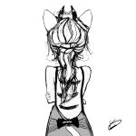  accessory anthro black_ribbon bow_ribbon clothed clothing dress felid feline female flower_accessory forrest18 furgonomics hair hi_res horn horn_accessory mammal monochrome open_back_dress rear_view sketch solo stripes 