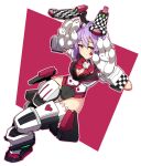 animal_ears bike_shorts bow bowtie breasts cleavage cosmic_break dice facial_tattoo heart mecha_musume medium_breasts naughty_face panties_under_bike_shorts purple_hair rabbit_ears red_bow red_bowtie red_eyes renny_lop robot_ears short_hair smile tattoo thighs tsukinami_kousuke 