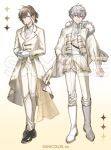  2boys black_footwear blue_eyes boots brown_hair cape chronoir fur-trimmed_cape fur_trim gloves grey_hair hand_on_own_hip kanae_(nijisanji) kuzuha_(nijisanji) male_focus multiple_boys necktie nijisanji official_art pants ponytail red_eyes sample_watermark shirt ueauwa virtual_youtuber watermark white_footwear white_gloves white_necktie white_pants white_shirt 