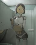  1girl android black_hair bob_cut breasts grey_eyes hair_ornament highres indoors lock mecha_peenoise mechanical_arms mechanical_legs open_mouth original parted_bangs robot_girl science_fiction short_hair solo toilet_stall 