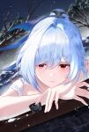  1girl absurdres bare_shoulders blue_ribbon blurry blurry_background closed_mouth cup fowthw hair_between_eyes hair_ribbon head_rest high_ponytail highres holding holding_cup honkai:_star_rail honkai_(series) jingliu_(honkai:_star_rail) light_blush long_hair night night_sky red_eyes ribbon sky snow solo star_(sky) starry_sky tree white_hair 