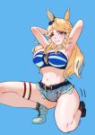  1girl 3: ?_(hahv7888) absurdres animal_ears armpits arms_up asymmetrical_footwear bandeau bare_legs bare_shoulders belt black_belt black_footwear blonde_hair blue_background blue_eyes boots breasts cleavage commentary_request denim denim_shorts gold_city_(umamusume) highres horse_ears large_breasts long_hair midriff mismatched_footwear navel short_shorts shorts simple_background solo stomach strapless striped_bandeau thigh_strap thighs tube_top umamusume very_long_hair white_footwear 