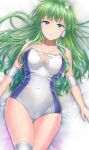  1girl ass_visible_through_thighs blue_eyes blue_leotard blush breasts cleavage_cutout clothing_cutout collarbone covered_navel elbow_pads exhausted frog_hair_ornament from_above green_hair hair_between_eyes hair_ornament hair_tubes knee_pads kochiya_sanae large_breasts leotard lips looking_at_viewer lying snake_hair_ornament sweat touhou touhou_tag_dream white_leotard wrestling_outfit wrestling_ring y2 