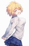  1girl :d antenna_hair arcueid_brunestud arms_behind_back auru_t blonde_hair blue_skirt breasts large_breasts long_sleeves looking_at_viewer miniskirt open_mouth red_eyes shirt short_hair simple_background skirt smile solo tsukihime tsukihime_(remake) white_background white_shirt 