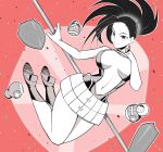  1girl absurdres bare_arms bare_shoulders black_hair boku_no_hero_academia breasts center_opening highres koyap large_breasts legs long_hair looking_at_viewer matryoshka_doll narrow_waist red_background shield shoes smile solo wide_hips yaoyorozu_momo 