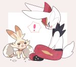  ! alternate_color animal_focus blush_stickers broken_egg buck_teeth cinderace crossed_legs egg grey_background hands_on_lap hatching kneeling looking_down looking_up mgomurainu no_humans orange_eyes pokemon pokemon_(creature) rabbit red_eyes scorbunny shiny_pokemon simple_background sitting surprised teeth 