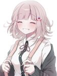  1girl backpack bag breasts danganronpa_(series) danganronpa_2:_goodbye_despair facing_viewer flipped_hair galaga grin hair_ornament highres jacket long_sleeves looking_at_viewer medium_hair nanami_chiaki neck_ribbon pink_eyes ribbon ringo_ame_no_ria shirt smile solo white_shirt 