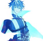  1boy asymmetrical_sleeves blue_eyes blue_theme cape charlemagne_(fate) chest_belt fate/grand_order fate_(series) grin hand_on_own_hip highres idass_(idass16) looking_at_viewer male_focus multicolored_hair short_hair simple_background smile solo two-tone_hair upper_body vest white_background 