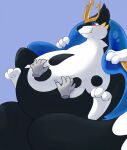 2022 2_tails ambiguous_gender belly belly_rub belly_squish black_body black_fur blue_background claws digital_drawing_(artwork) digital_media_(artwork) disembodied_hand duo empoleon fangs feet feral floatzel fur fur_pattern generation_4_pokemon hand_on_stomach hi_res high-angle_view hybrid_pokemon legs_up lying melee_weapon multi_tail multicolored_body multicolored_fur narrowed_eyes nintendo on_back overweight overweight_ambiguous overweight_feral pokemon pokemon_(species) polearm red_eyes semi-anthro simple_background smile soles solo_focus squish tail teeth trident two_tone_body two_tone_fur weapon white_body white_fur xeniyy