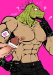  1boy 2boys ? ?? animal_head bara caiman_(dorohedoro) climaxmukr cowboy_shot curious dorohedoro erection fang gas_mask green_scales heart large_pectorals looking_at_penis male_focus mars_symbol mask multiple_boys muscular muscular_male nipples pants pectorals profile reptile_boy sideways_glance skin_fang solo_focus spoken_heart spoken_mars_symbol yaoi 