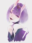  1girl bob_cut cropped_torso fangs fate/grand_order fate_(series) hair_ornament highres horns looking_at_viewer not_anpn off_shoulder oni oni_horns parted_lips purple_eyes purple_hair revealing_clothes short_hair shuten_douji_(fate) simple_background smile solo upper_body white_background 