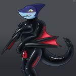 absurd_res anthro blue_body blue_scales blush capcom chastity_bulge chastity_device dolfengra fin fish flying_wyvern green_eyes hacony head_fin hi_res lamniform latex lock_symbol male marine mitts monster_hunter nargacuga null_bulge red_latex rubber_suit scales shark solo thresher_shark wings